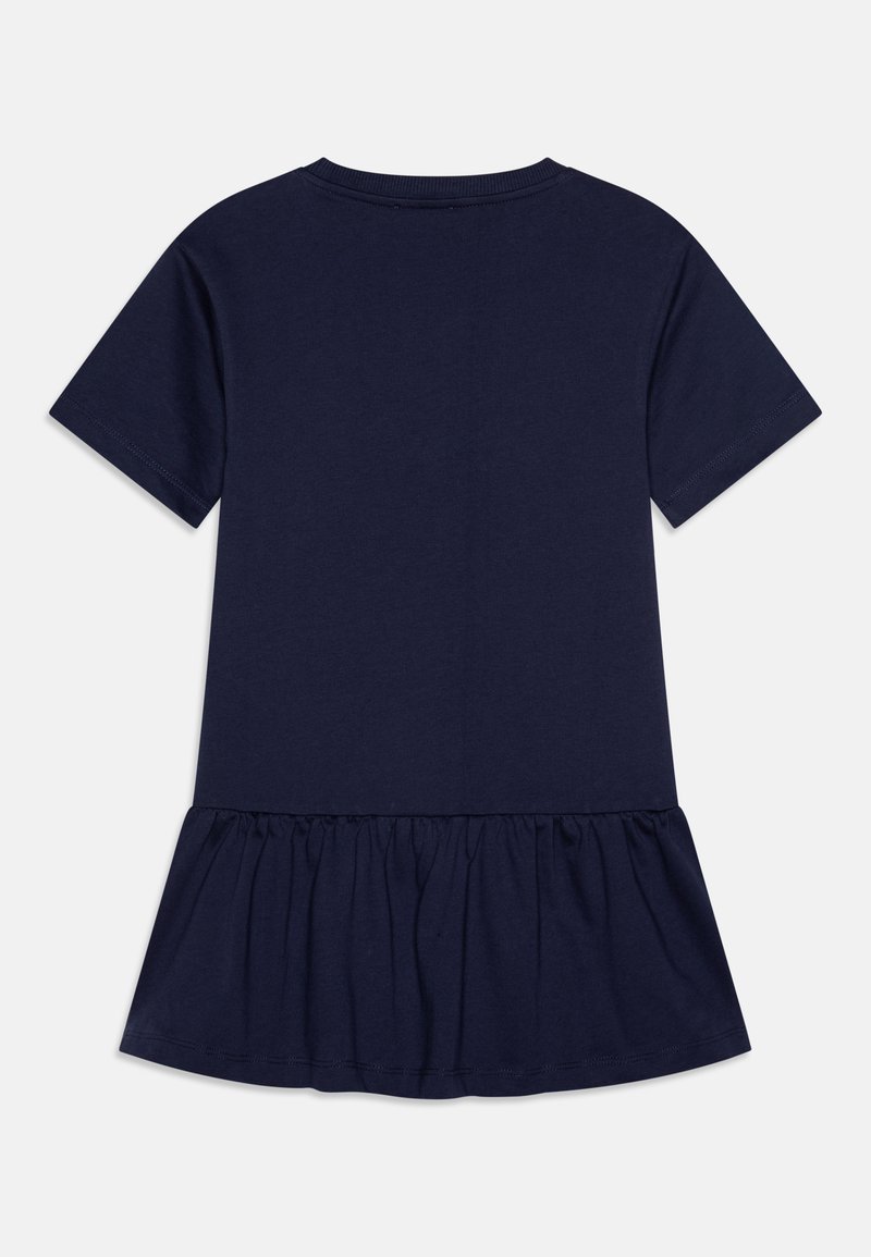 Abito blu navy a maniche corte con orlo a balze, realizzato in cotone morbido, con scollatura rotonda e texture liscia.