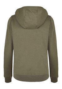 Olivgrön hoodie med dragsko i huvan, långa ärmar och ribbade muddar. Slät textur och en enkel, minimalistisk design.