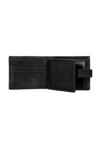Černá kožená peněženka s několika sloty na karty, kapsou na mince a hladkým povrchem. Kompaktní obdélníkový design s klipem na zavření.