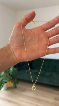 Colar de ouro com uma corrente fina e torcida e um pendente em forma de U. Mão segurando o colar contra um sofá verde desfocado ao fundo.