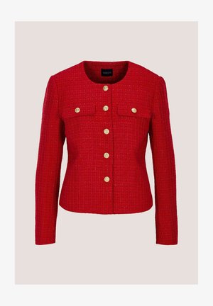 Red textured long-sleeve jacket with round neckline, six gold buttons down the front, and two chest pockets with gold button closures.