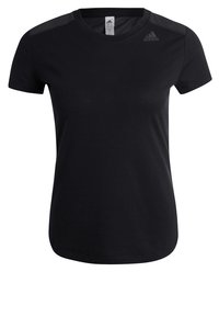 Black short-sleeve athletic t-shirt made of lightweight fabric, featuring a round neckline and Adidas logo in grey on the upper left side.