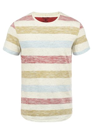 T-shirt à manches courtes rayé en crème, avec des rayures horizontales rouges, bleues et dorées, à la finition texturée. Col rond, coupe décontractée.