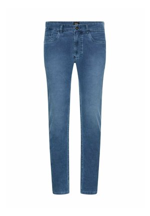 Blaue Denim-Jeans mit schmaler Passform, die vordere Taschen, einen Knopfverschluss und dezente Verblassung entlang der Beine aufweisen.
