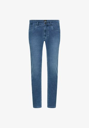 Blå denimjeans med slim fit, der har frontlommer, en knaplukning og diskret falmning over benene.