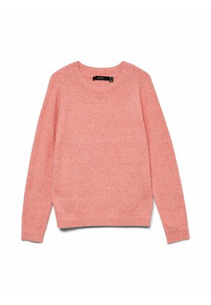 Hellrosa Pullover mit rundem Ausschnitt, langen Raglanärmeln und gerippten Bündchen sowie Saum, gefertigt aus einem weichen, strukturierten Stoff.