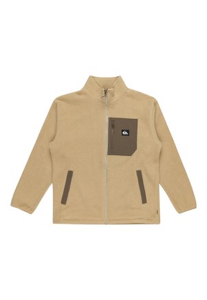 Beige fleece jacket with a high collar, front zipper, and a dark brown chest pocket. Features dark brown accents and side pockets.