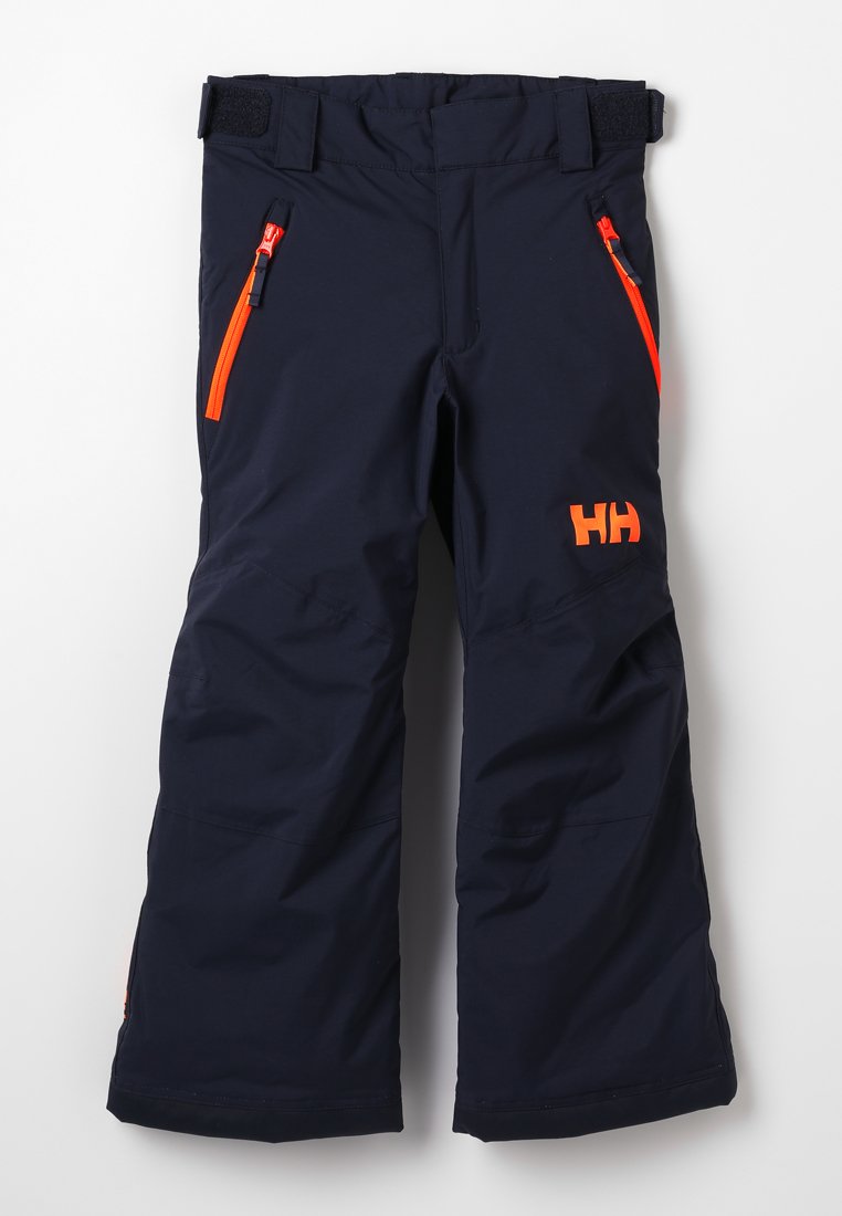 Marine waterdichte skibroek met oranje ritsen, verstelbare tailleband, verstevigde kniebanen en een "HH" logo op het onderbeen.