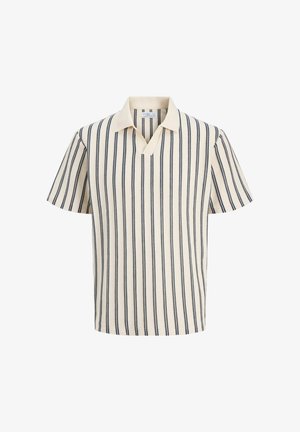 Kurzärmliges, cremefarbenes Strick-Polohemd mit marineblauen vertikalen Streifen, V-Ausschnitt-Kragen und lässiger Passform. Strukturierter Stoffdetails.