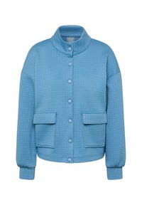 Light blue quilted jacket with a high collar, front button closure, and two patch pockets. Features ribbed cuffs and a textured surface.