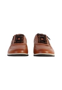 Brown leather sneakers with black laces, side zipper, white midsole, and textured surface; rounded toe and minimalistic design.