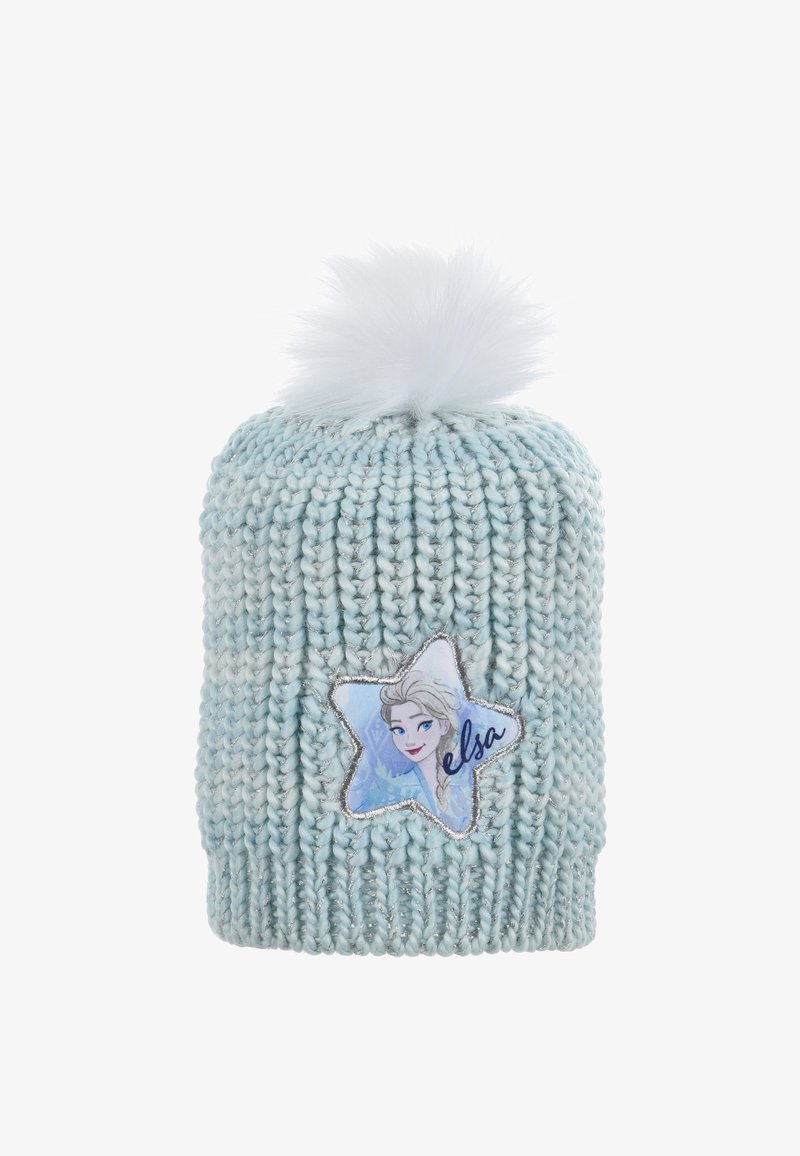 Bonnet en tricot bleu clair avec un pompon blanc, orné d'un patch en forme d'étoile représentant un personnage et d'accents en fil argenté.