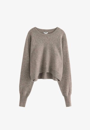 Lys grå cropped sweater med lange ærmer, ribbede manchetter og rund hals. Fremstillet af blødt, struktureret strikstof.