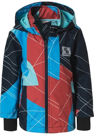 Veste à capuche pour enfants avec des motifs géométriques bleus, rouges et noirs, fermeture éclair sur le devant et poignets noirs.