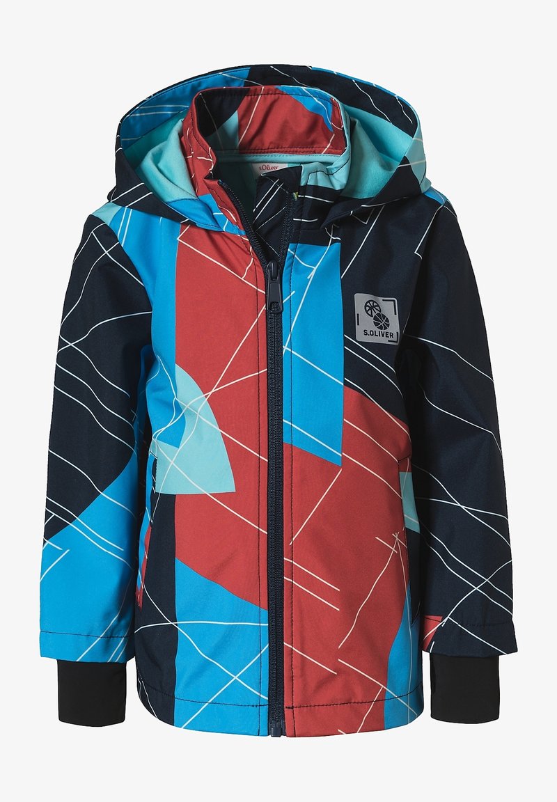 Giacca a hoodie per bambini con motivi geometrici blu, rossi e neri, zip frontale e polsini neri.