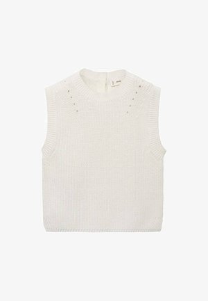 Bela pletena majica bez rukava s okruglim izrezom, rebrastim rubom i malim rupama za ventilaciju na ramenima, s teksturiranim uzorkom.