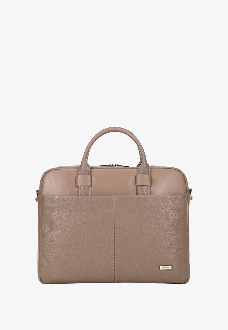 Braune Leder-Laptoptasche mit doppelten Griffen, Reißverschluss und glatter Textur. Merkmale ein dezentes goldenes Logo auf der Vorderseite.