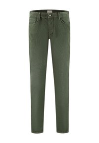 Pantalones de pana verdes con corte recto, que cuentan con una bragueta de botones, bolsillos frontales y una tela suave y texturizada.