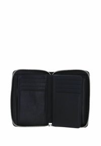 Black leather wallet open with zip-around closure, featuring multiple card slots and compartments inside.