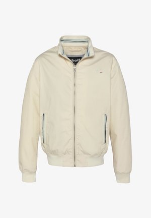 Biały bomber z prążkowanym kołnierzem, bocznymi kieszeniami i kontrastującymi niebieskimi paskami na kieszeniach. Zamek błyskawiczny, lekka tkanina.