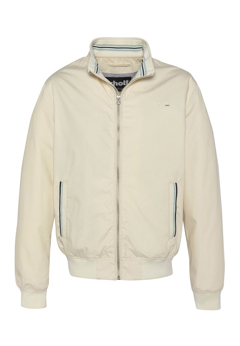 Veste bomber de couleur crème avec un col côtelé, des poches latérales et des rayures bleu contrastées sur les poches. Fermeture éclair, tissu léger.