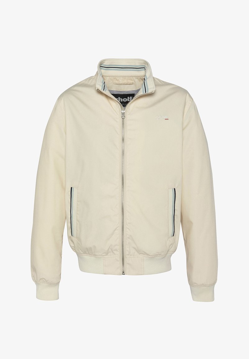 Giacca bomber color crema con colletto a coste, tasche laterali e strisce blu a contrasto sulle tasche. Chiusura con zip, tessuto leggero.