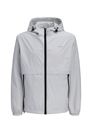 Ανοιχτό γκρι αδιάβροχο μπουφάν με κουκούλα, μαύρο φερμουάρ και πλαϊνές τσέπες, ελαστικές μανσέτες και ρυθμιζόμενα κορδόνια στην κουκούλα.