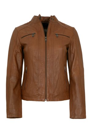 Brown leather jacket with front zipper, stand collar with snap buttons, and zippered chest and side pockets, shown on a white background.