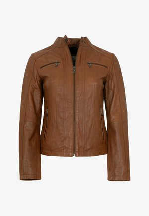 Braune Lederjacke mit vorderem Reißverschluss, Stehkragen mit Druckknöpfen sowie Reißverschlusstaschen auf der Brust und den Seiten, dargestellt vor weißem Hintergrund.