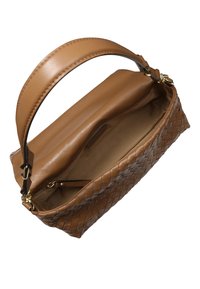 Brown leather handbag with a woven design. Features a smooth strap, zipper closure, and a spacious, unlined interior.