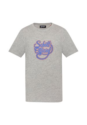 Lysegrå kortærmet t-shirt med blå og rød "Schott Official" kursivlogo trykt på frontens midte.