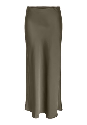 Dlhá olivovo zelená sukňa vyrobená z hladkej, lesklej tkaniny, so bočným rozparkom a jemným, splývavým dizajnom, ktorý sa elegantne splýva.