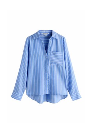 Sinise triibulise mustriga särk pikkade varrukatega, valmistatud siledast kangast. Särk on ees nööpidega, kraega ja ühe horisontaalse triibuga rinnataskuga.