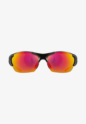 Sunglasses with a black frame and mirrored lenses featuring a gradient from yellow to pink. Aerodynamic design with curved edges.