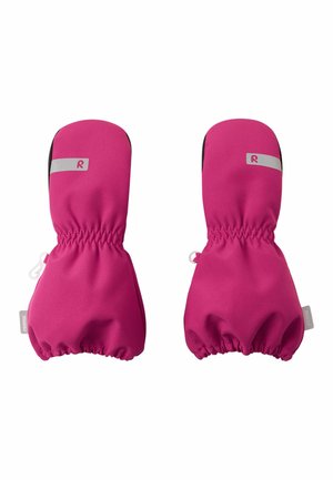 Pink insulated mittens with elastic cuffs, soft fabric, and a silver logo accent. Designed for warmth and easy wear.