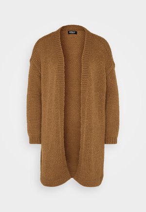 Cardigan lung, deschis în față, realizat dintr-un material tricotat moale, texturat, de culoare maro. Are umeri lăsați și manșete ribbed, cu o potrivire confortabilă și relaxată.