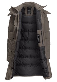 Gevoerde parka in lichtbruin, met een zwarte gewatteerde binnenkant, verstelbare capuchon en meerdere zakken. Ritssluiting en drukknoopsluiting.