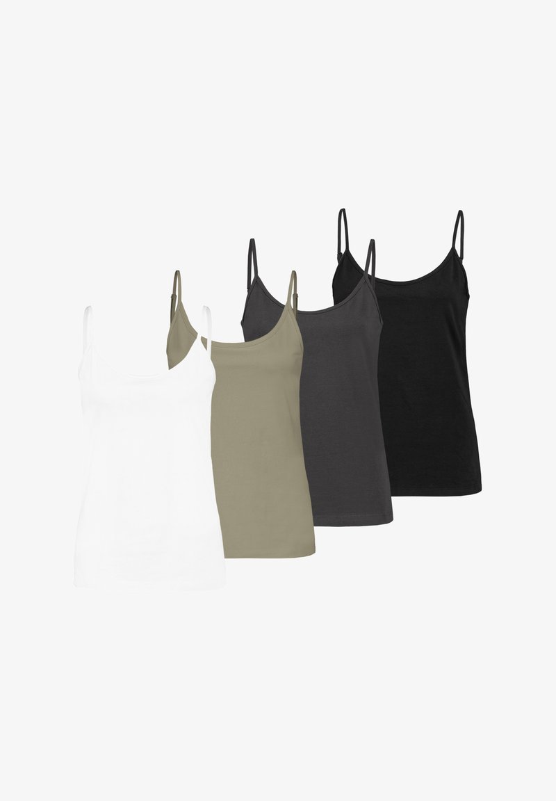 Vier grundlegende Tanktops in Weiß, olivgrün, dunkelgrau und schwarz. Hergestellt aus glattem Stoff mit dünnen verstellbaren Schulterträgern.