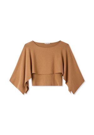 Top corto marrone realizzato con un tessuto morbido, caratterizzato da maniche larghe e un design a strati. Texture liscia con scollo a barca.