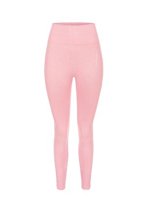 Roze leggings gemaakt van een rekbare stof met een brede tailleband, voorzien van subtiele textuur en naaddetails langs de benen.