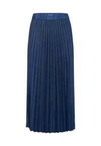 Ráncós, közepes hosszúságú szoknya sötétkék anyagból. Gumis derékrész, puha tapintás, egyenletesen elhelyezett függőleges redők.