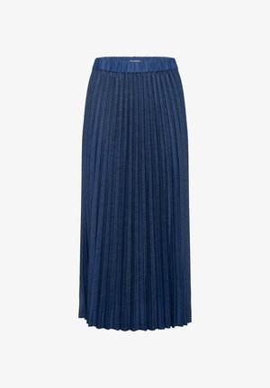 Ráncós, közepes hosszúságú szoknya sötétkék anyagból. Gumis derékrész, puha tapintás, egyenletesen elhelyezett függőleges redők.