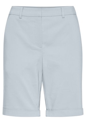 Heled sinise värviga kohandatud lühikesed püksid, millel on sile tekstuur, sirge lõige, äärisega allservas ning küljetaskud. Minimalistlik disain, ilma mustriteta.