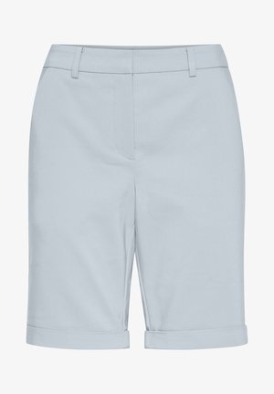 Heled sinise värviga kohandatud lühikesed püksid, millel on sile tekstuur, sirge lõige, äärisega allservas ning küljetaskud. Minimalistlik disain, ilma mustriteta.