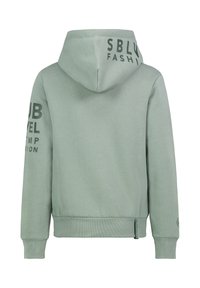 Groene hoodie met ribgebreide manchet en zoom. Bevat bedrukte tekst op de achterkant en de linker mouw. Gemaakt van zachte stof voor comfort.