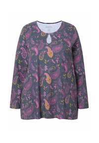 Langärmlige graue Tunika mit einem Paisleymuster in Rosa, Lila und Grün. Verfügt über einen runden Ausschnitt mit einem kleinen Schlüssellochdetail.