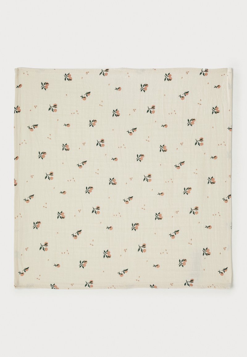 Écharpe en coton léger ornée de petits motifs floraux dans des teintes de pêche et de vert sur fond crème ; texture douce et bords ourlés.