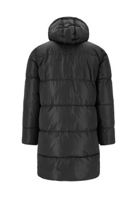 Sort puffcoat med hætte, der har et quiltet design og en skinnende overflade. Lange ærmer og en afslappet pasform. Bagudblik.
