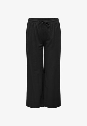 Juodos, plačios kelnės, pagamintos iš minkštos medžiagos, su elastingu juosmeniu ir raišteliu prisitaikymui. Be kišenių ir raštų.