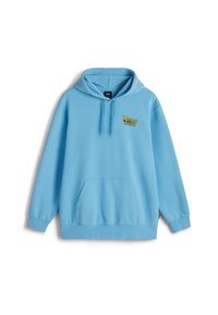 Sudadera con capucha de color azul claro, hecha de algodón, con un bolsillo delantero y el logo de "Vans" bordado en amarillo y negro en el pecho.